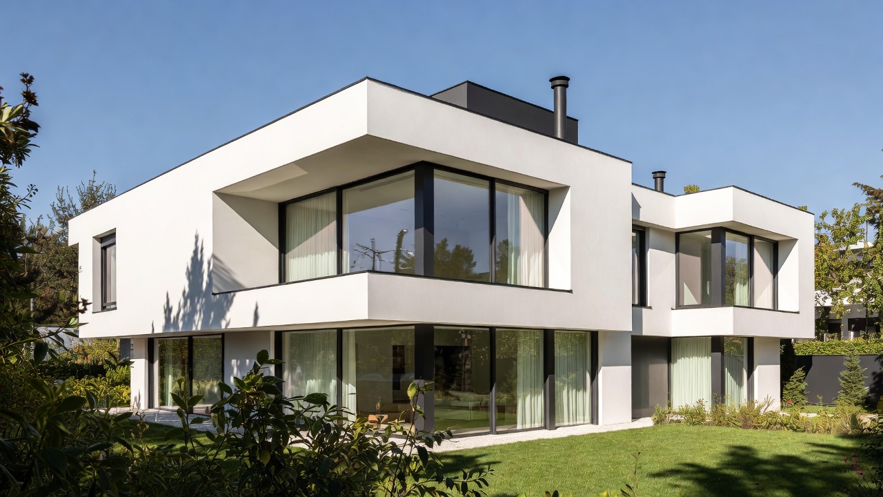 Une maison moderne à deux étages avec de grandes fenêtres allant du sol au plafond, des murs extérieurs blancs et un toit plat, entourée d'herbe verte et d'arbres par une journée ensoleillée.