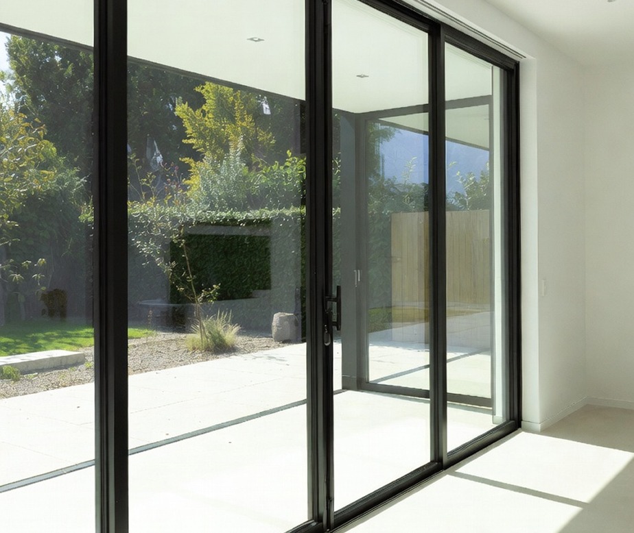 Les grandes portes coulissantes en verre d'une pièce moderne s'ouvrent sur un patio lumineux et un jardin verdoyant, permettant à la lumière naturelle d'inonder l'espace. Le jardin extérieur est agrémenté d'arbres, de buissons et d'une clôture en bois.