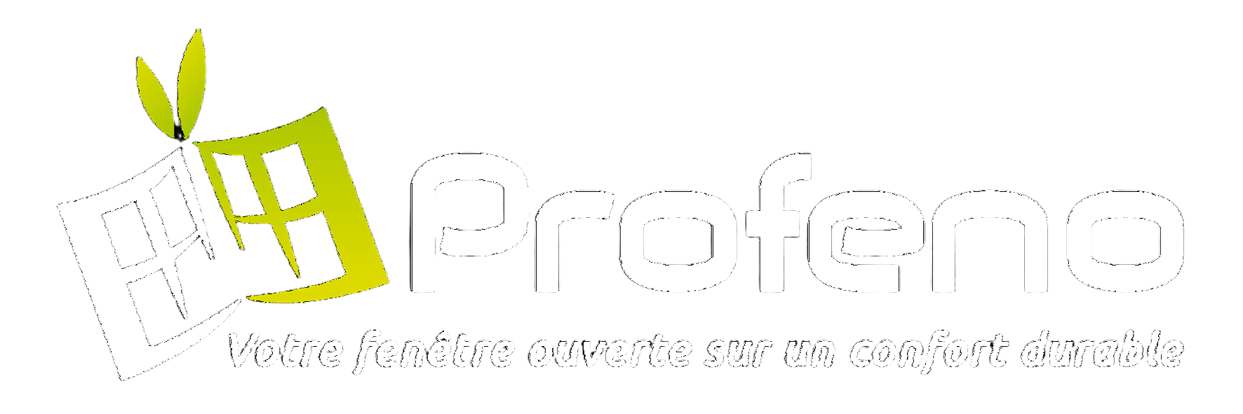 Logo avec une fenêtre et une feuille stylisées en vert et blanc, à côté du texte "Profeno" et du slogan "Votre fenêtre ouverte sur un confort durable".