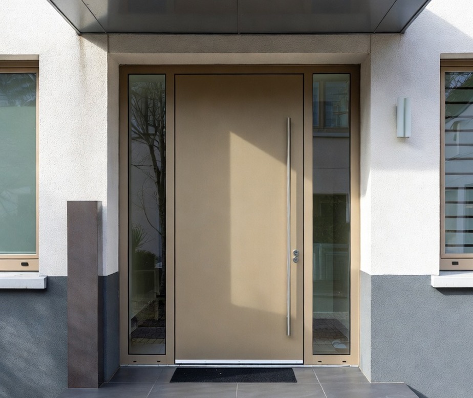 Une entrée moderne avec une grande porte beige dotée d'une haute poignée verticale, flanquée de fenêtres étroites de chaque côté. L'extérieur présente un design épuré et minimaliste avec des murs gris clair et gris foncé.